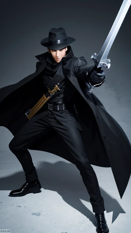 an anime character who is a tall, thin, strong, handsome man, with white skin, black hair and black eyes, has no beard, wears a black trench coat, black hat, 2 swords and two futuristic guns.  he has 4 arms.