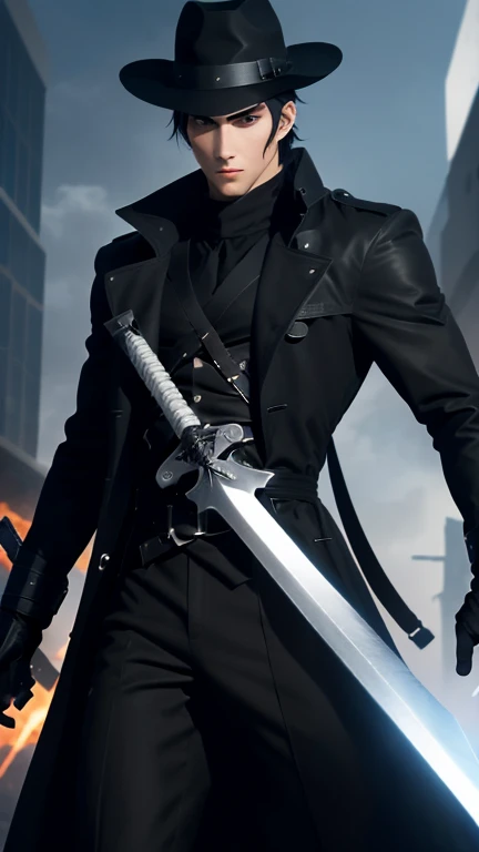 an anime character who is a tall, thin, strong, handsome man, with white skin, black hair and black eyes, has no beard, wears a black trench coat, black hat, 2 swords and two futuristic guns.  he has 4 arms.