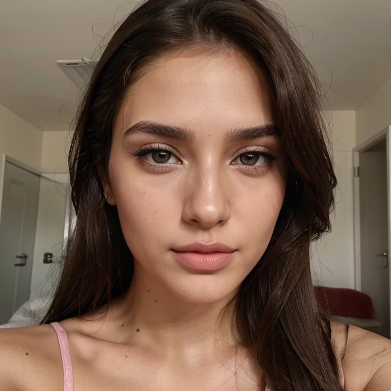 Sexy selfie of a German brunette with a beautiful face and a nose piercing, indian, brown eyes, pink lips, monolid eyes, instagram,20 year old, model