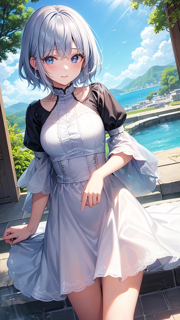 super high quality, with a girl, 20-year-old, とてもshort hair, long bangs between the eyes, pale blue eyes , blue sky, sunlight, very detailed,(masterpiece、highest quality)、alone、gray hair、laughter、White skin as clear as snow、fantasy, silver hair, black eye, beautiful eyes,, ecstasy, Charm, be smitten with audience, short hair,blue sky , sunlight,fantasyな風景,looking down from above、