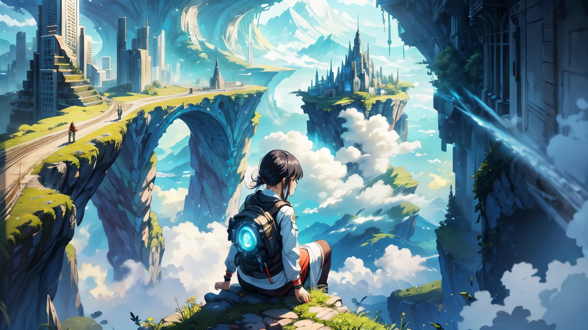 octane render, bioluminescent,8K resolution concept art, realism,by Mappa studios,masterpiece,best quality,official art,illustration,ligne claire,(cool_color),perfect composition,absurdres, fantasy,focused,(in the air),(above the cloud:1.4),(finely detailed modern lost_city:1.3),(lost_city towering above the clouds:1.2),epic,(focus_girl:1.2),(girl in city peak of Broken bridge), sitting on the verge of that bridge looking at the far horizons,rule of thirds,anime_face,fine-tuning face, detailed eyes,cute face,black hair, finely detailed fantasy traveler clothes,calm expression ,overhead_viewer,wind blow at viewer,fantastic plant,book,Giant World Tree,motion,(depth_of_field), extension image, view from above