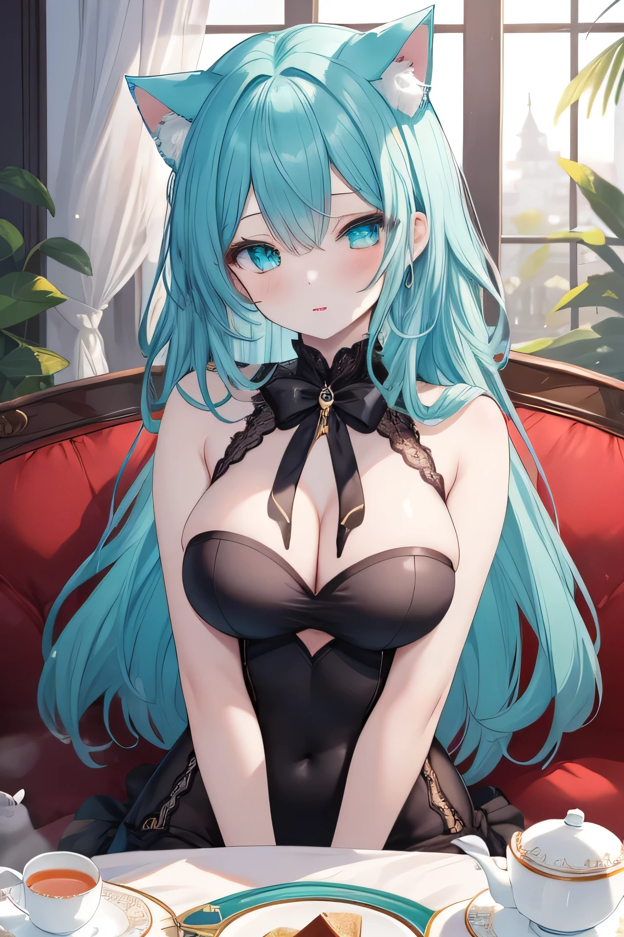 ((masterpiece)), ((highest quality)), ((8K)), High resolution, 1 girl, Cat ear, white skin, big breasts, aqua eye, fantasy, Afternoon tea, wink, 