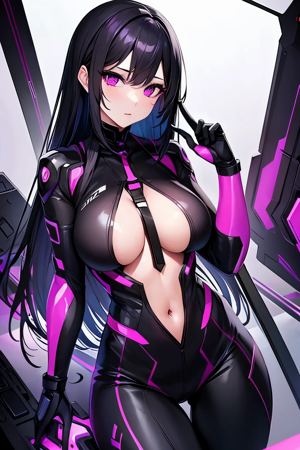 synthetic woman, beautiful, black hair, magenta eyes,