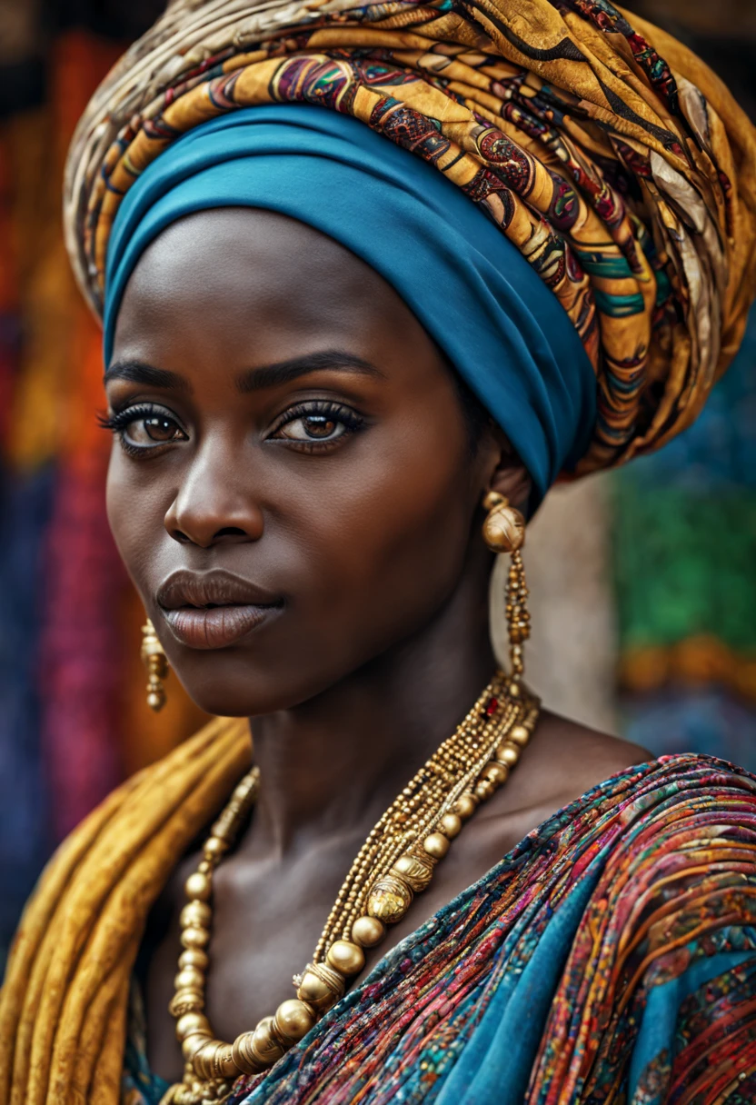 close-up of arab black African Hausa WOMAN of ancient times, very realistic , cheveux noirs avec turban, Texture naturelle de la peau, 24 mm, Textures 4k, soft cinematic light, Photo brute, photorealism, photoreallistic, complexe, elegant, highly detailed, mise au point nette, ((((((cinematic look)))), tons doux, insane detail, Intricate details, hyperdetailed, Faible contraste, soft cinematic light, couleurs sombres, exposure blend, Hdr, faded An image of a stunning black woman depicted in vibrant colors and patterns, celebrating her African heritage. The artwork showcases intricate details and bold brushstrokes, capturing the essence of her beauty and radiance. The image is ideal for a contemporary and culturally inspired wall art piece. oil portrait painting of a young very beautiful hausa woman, in front of a market, rich colorful clothes, turban and golden hausa jewelry, close up, regal pose and attitude