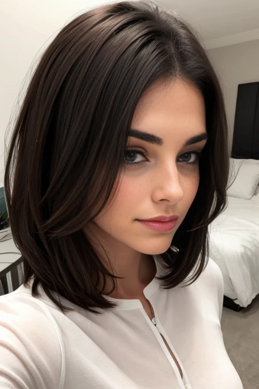 Beautiful brunette woman taking realistic selfie