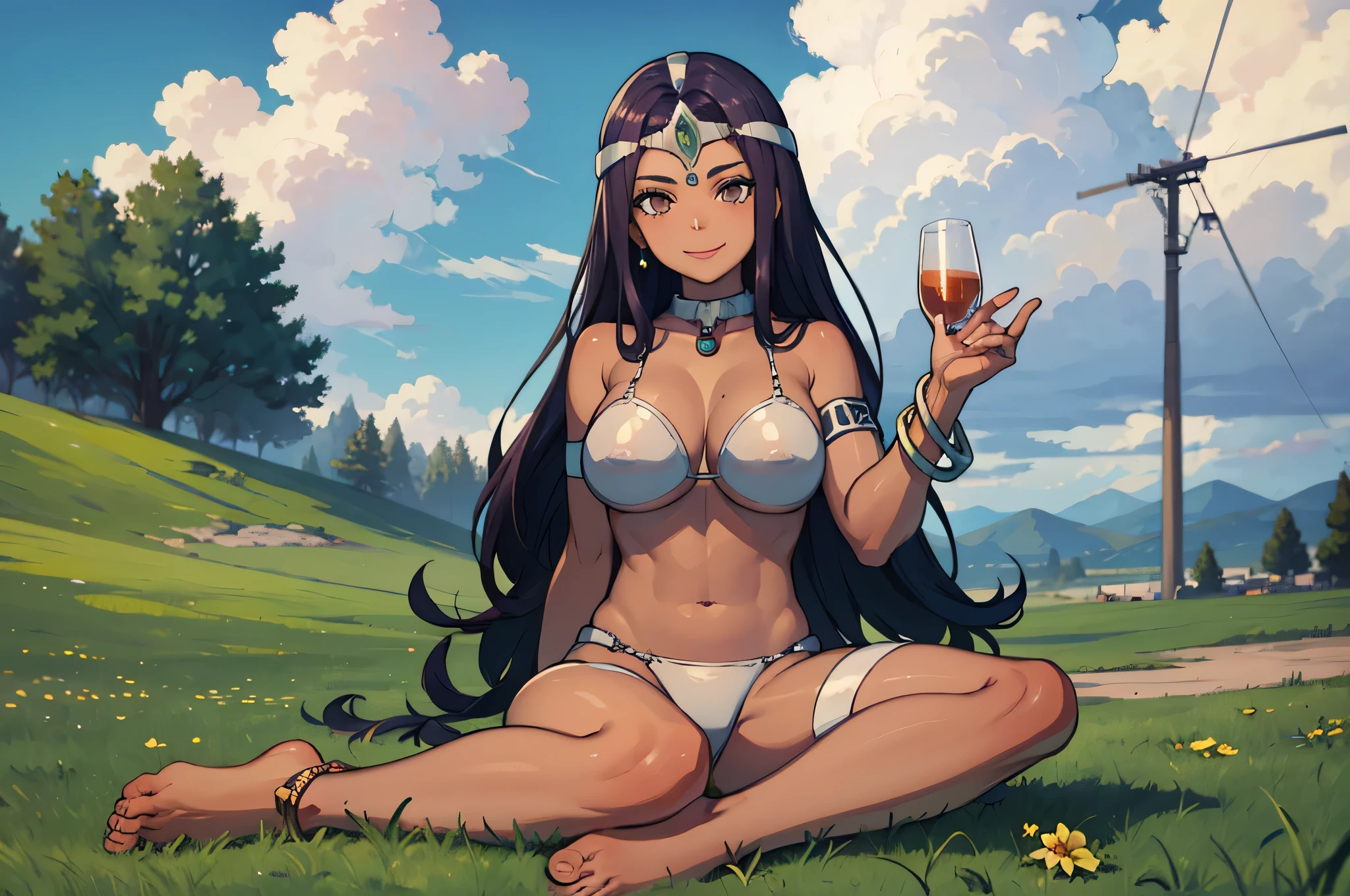 masterpiece, best quality, Decmania, circus, collar, bracelet, armband, bikini, Ren Baolin, , Smile, looking at the audience, Place, sky sky, cloud, grassland, Everlasting，Tanned, sitting, barefoot, Big breasts