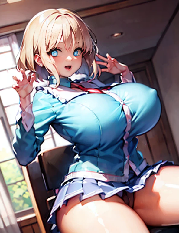 ((Best quality, 8k, Masterpiece :1.3)), 1girl, solo, jk, sajouManaka, (Huge breasts:1.5), Short hair, blond hair, school uniform, looking at viewer, skirt by the, Cowboy Shot, (the pose:1.4), (gigantic breasts:1.2)