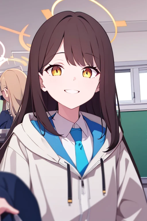 Long dark brown hair,halo,golden eyes,Smile,Brown and white hooded windbreaker,no hat,blue tie,school shirt,picture,1 girl,In the room