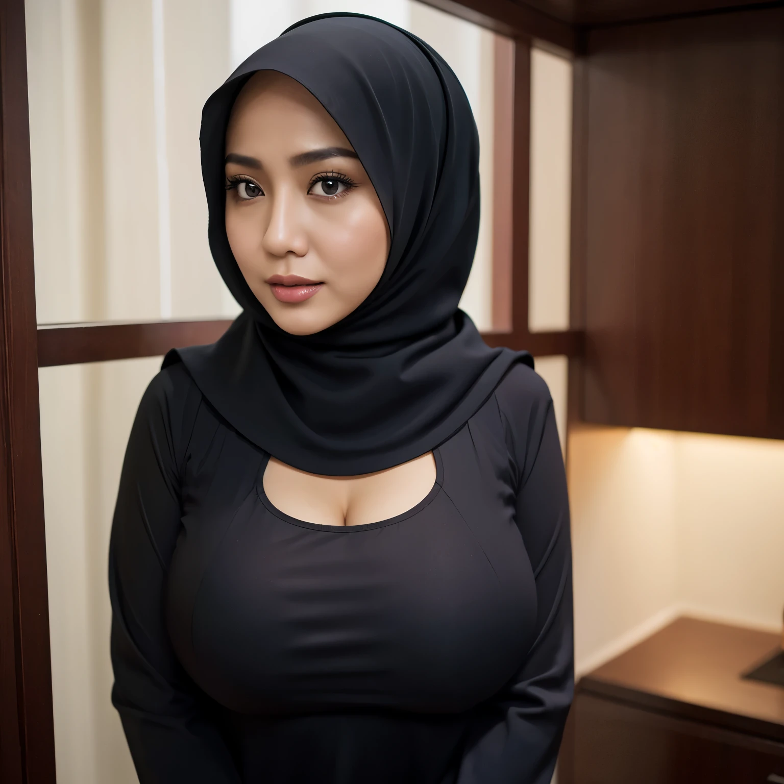 36 years Old, Hijab Indonesian Beautiful woman, Massive Droopiest Largest Tits : 94.9, Tight Gamis, Busty Body, No wearing Bra, Breast about To burst out from her clothes, at doctor office, Dark light, at Nighttime.