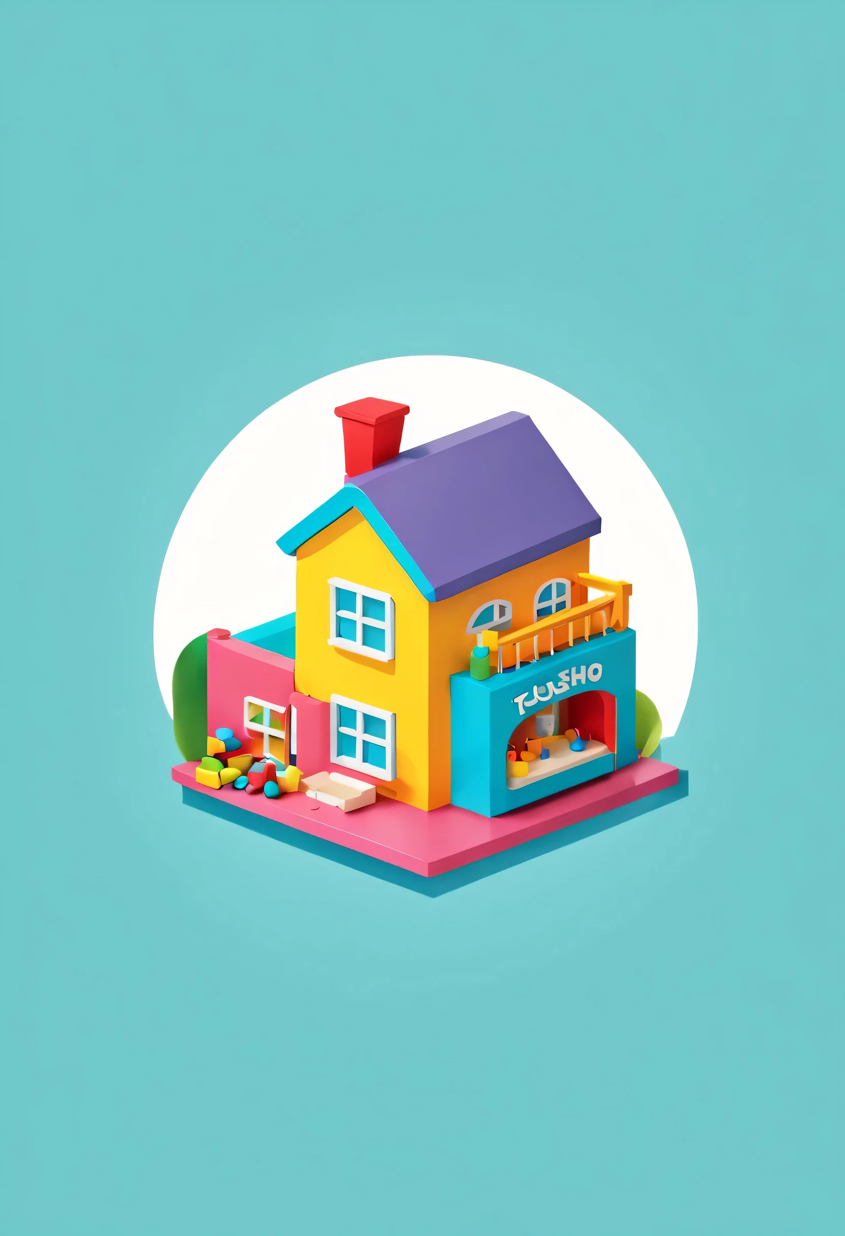 Logo with 3D text, toy workshop, modern, colorful, logo color,children&#39;dollhouse
