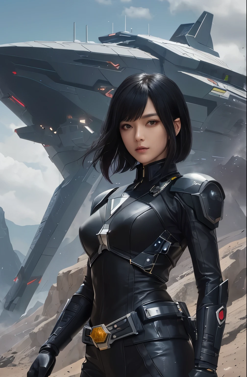 A beautiful woman. Black hair. He wears a black battle uniform, and has something like a Kamen Rider transformation belt around his waist. Behind her is a small triangular spaceship. The spaceship is anchored halfway up a mountain. 8K image quality. cyber punk.