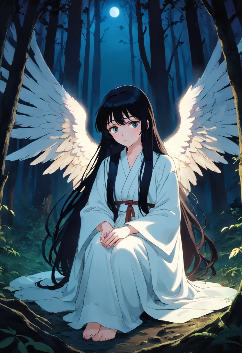 A fallen angel, beautiful pale skin, jet black long straight hair, sad expression, sitting in the dark woods at night, wearing a white robe, glowing, anime.