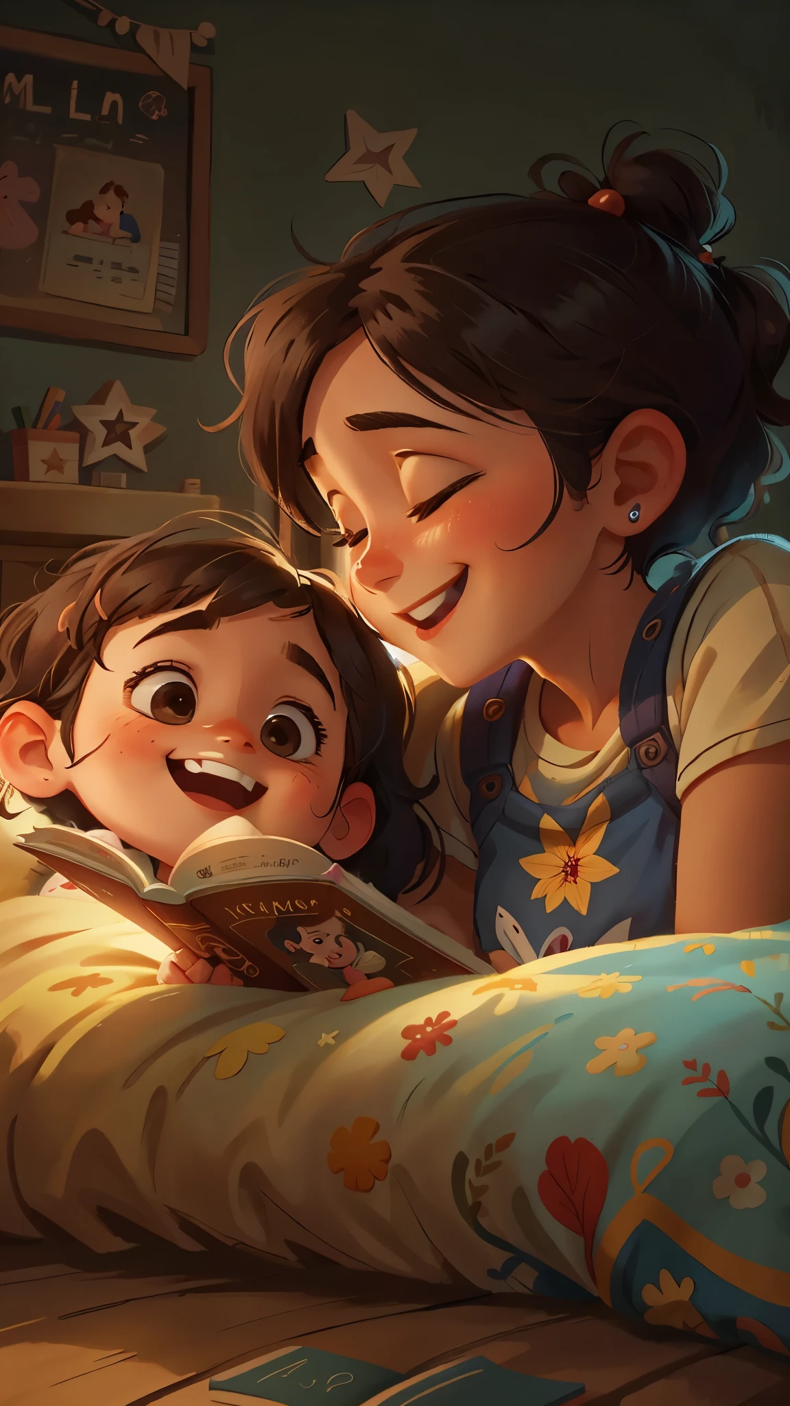 Illustration of mother telling bedtime story to  girl，Warm bedroom，bed，Smile，telling stories，read a book，close up，Pixar cinematic style, best quality, movie stills,