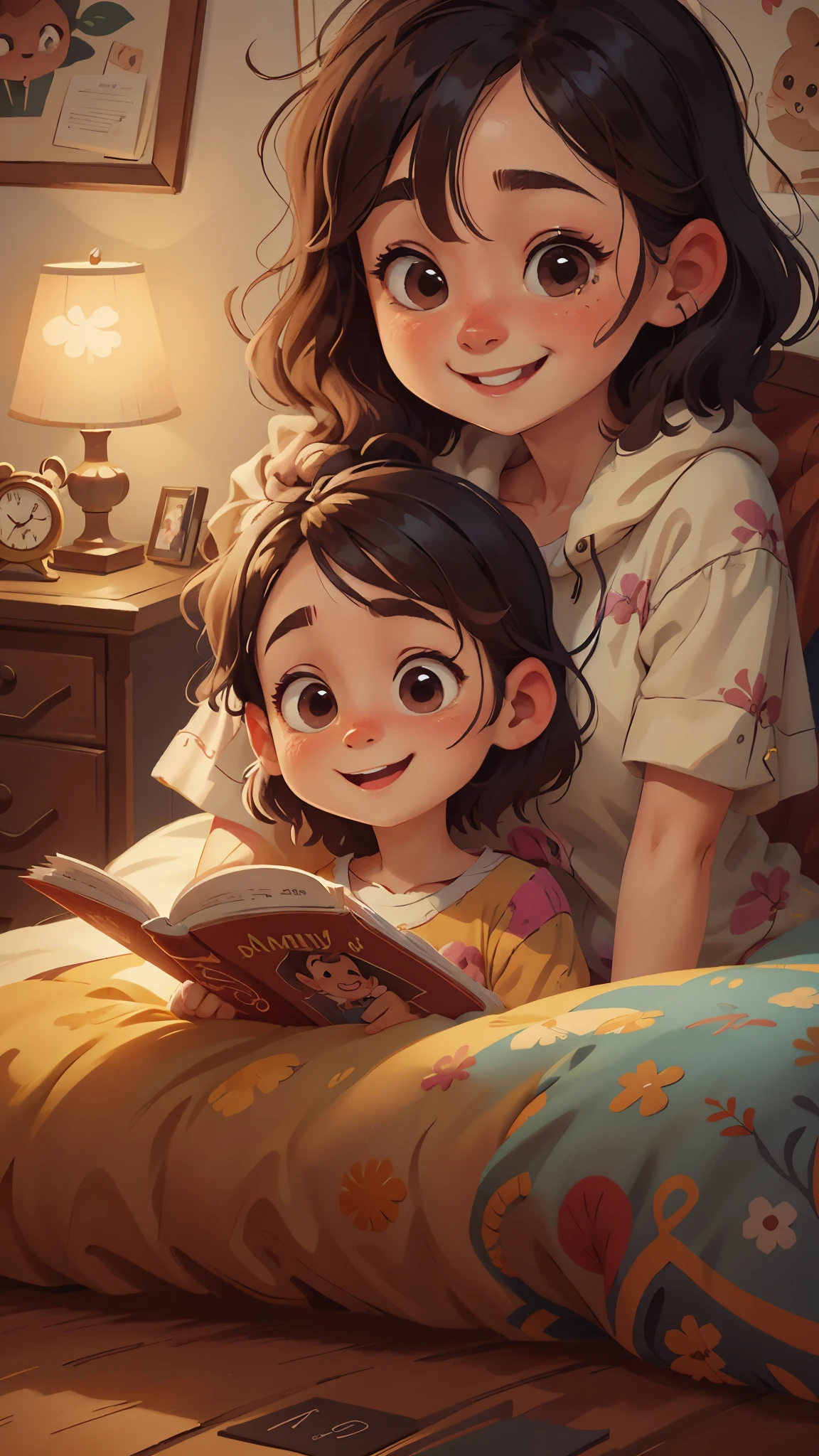 Illustration of mother telling bedtime story to little girl,Warm bedroom,bed,Smile,telling stories,read a book,close up,Pixar cinematic style, best quality, movie stills,