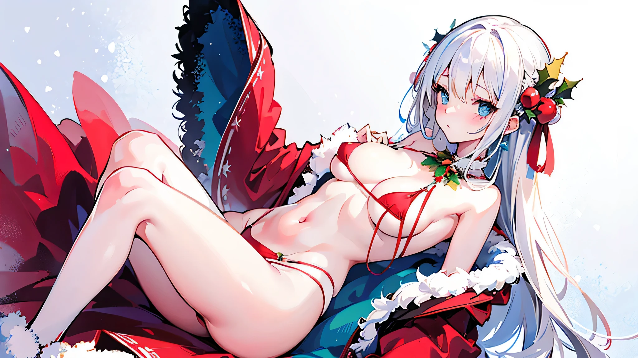 blushing female character in snowy landscape, kind of NSFW, blue eyes, exceptionally long, lush, voluminious white hair, full-body illustration, sitting, look at viewer wearing bikini with, outfit is christmas theme, red and green color pallate, beautiful illustration, best quality, cute girl, vast tundra, finger is hidden with clothes; cloth; fabric,