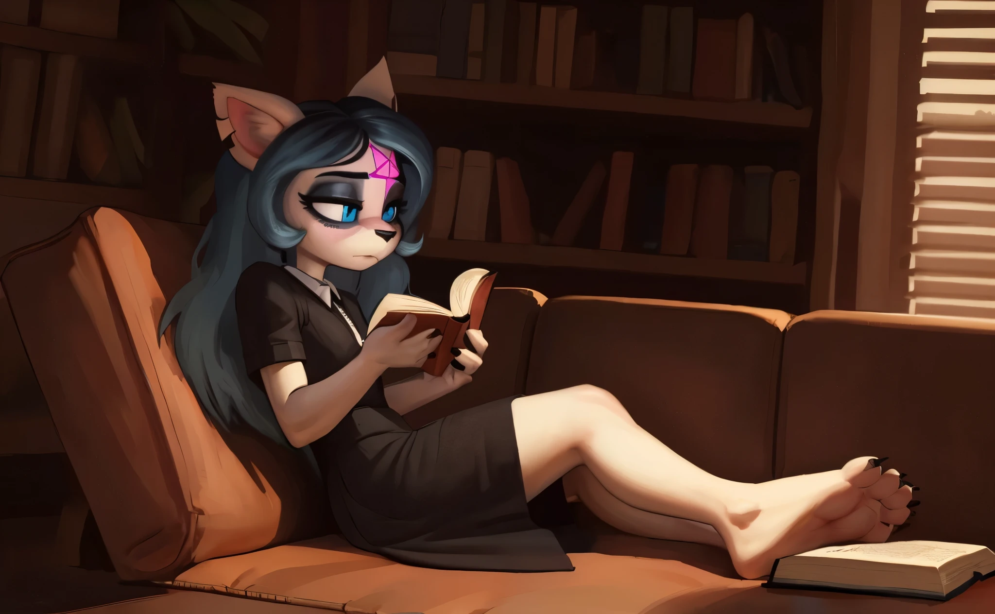 [Claire], [the summoning], [Uploaded to e621.net; (Pixelsketcher), (wamudraws)], ((masterpiece)), ((HD)), ((high res)), ((solo portrait)), ((full body)), ((side view)), ((furry; anthro)), ((detailed fur)), ((detailed soft shading)), ((beautiful render art)), {anthro; (slim figure), white fur, black nose, (cat ears), (cut on left ear), long blue hair, (bang over left eye), (pink pentagram on forehead), (cute blue eyes), (short eyelashes), (indigo eyeshadow), (sharp black claws), (curvy hips), (beautiful legs), (beautiful feet), (blushing), (expressionless)}, {(short sleeve white-collared black dress)}, {(laying on couch), (crossed legs), (book in hands), (reading book)}, [background; (living room), (mahogany floor), (bookshelf), (ambient lighting)]