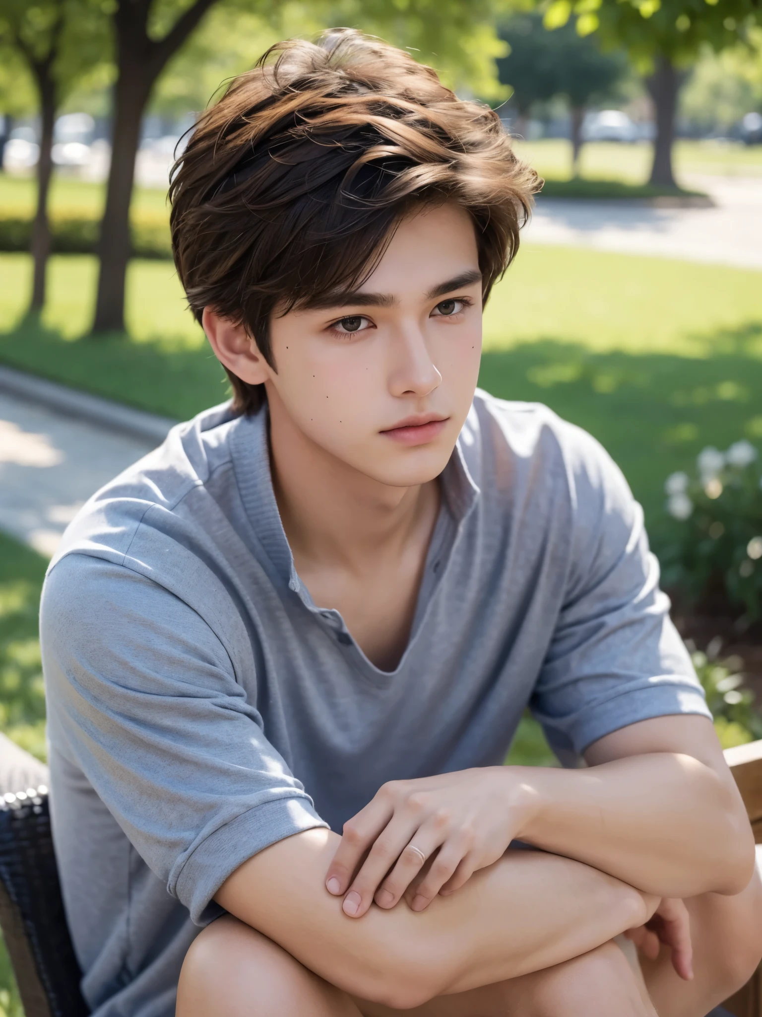 boy, 17 y.o, handsome, semi-caucasian face, comma hair, city park