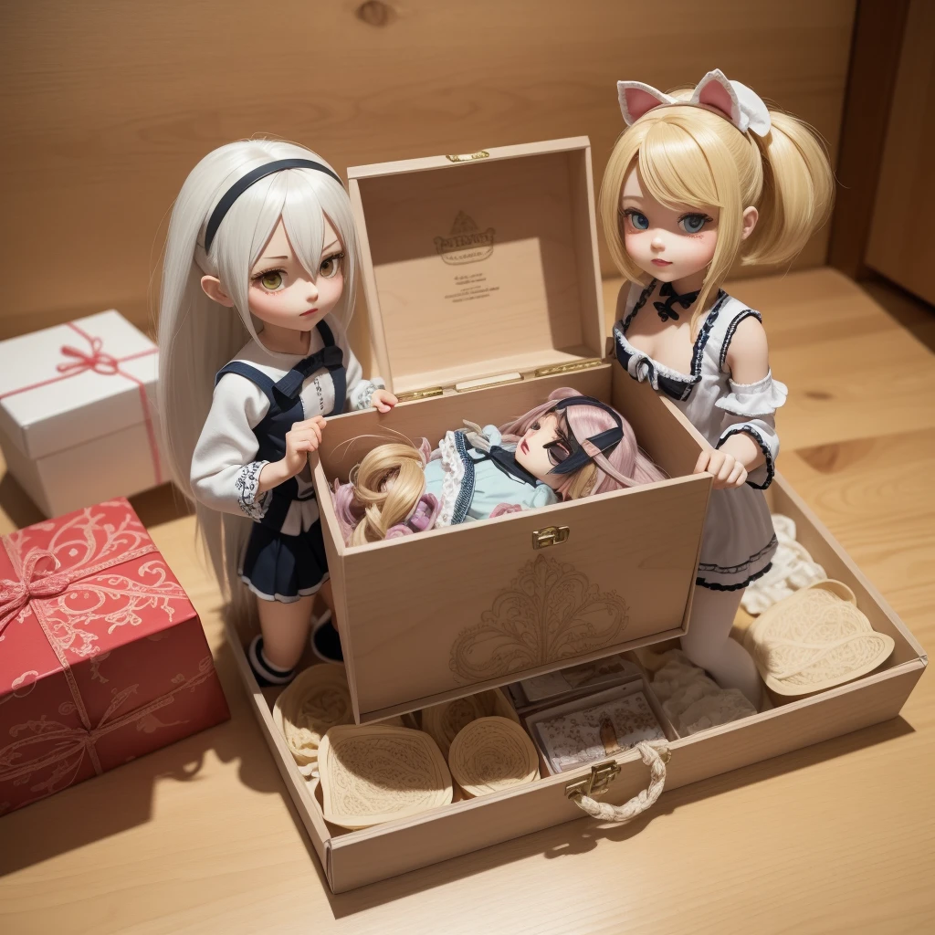 toy, doll, character print, (best quality:1.15), (masterpiece:1.15), (detailed:1.15), (realistic:1.2), (intricate:1.4), simple background, cover page, card, in a gift box,no humans, inboxDollPlaySetQuiron style, abs, (homura \(dr.stone\):1.2), gift box, playset, in a box, full body, toy playset pack, in a gift box, premium playset toy box,