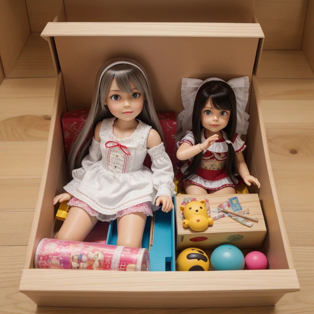 toy, doll, character print, (best quality:1.15), (masterpiece:1.15), (detailed:1.15), (realistic:1.2), (intricate:1.4), simple background, cover page, card, in a gift box,no humans, inboxDollPlaySetQuiron style, abs, (homura \(dr.stone\):1.2), gift box, playset, in a box, full body, toy playset pack, in a gift box, premium playset toy box,