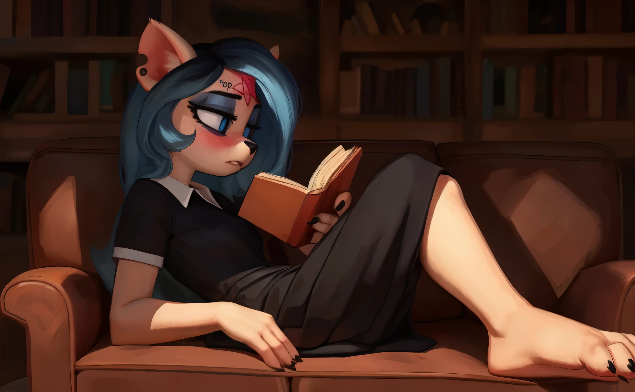 [Claire], [the summoning], [Uploaded to e621.net; (Pixelsketcher), (wamudraws)], ((masterpiece)), ((HD)), ((high res)), ((solo portrait)), ((full body)), ((side view)), ((furry; anthro)), ((detailed fur)), ((detailed soft shading)), ((beautiful render art)), {anthro; (slim figure), white fur, black nose, (cat ears), (cut on left ear), long blue hair, (bang over left eye), (pink pentagram on forehead), (cute blue eyes), (short eyelashes), (indigo eyeshadow), (sharp black claws), (curvy hips), (beautiful legs), (beautiful feet), (blushing), (expressionless)}, {(short sleeve white-collared black dress)}, {(laying on couch), (crossed legs), (book in hands), (reading book)}, [background; (living room), (mahogany floor), (bookshelf), (ambient lighting)]
