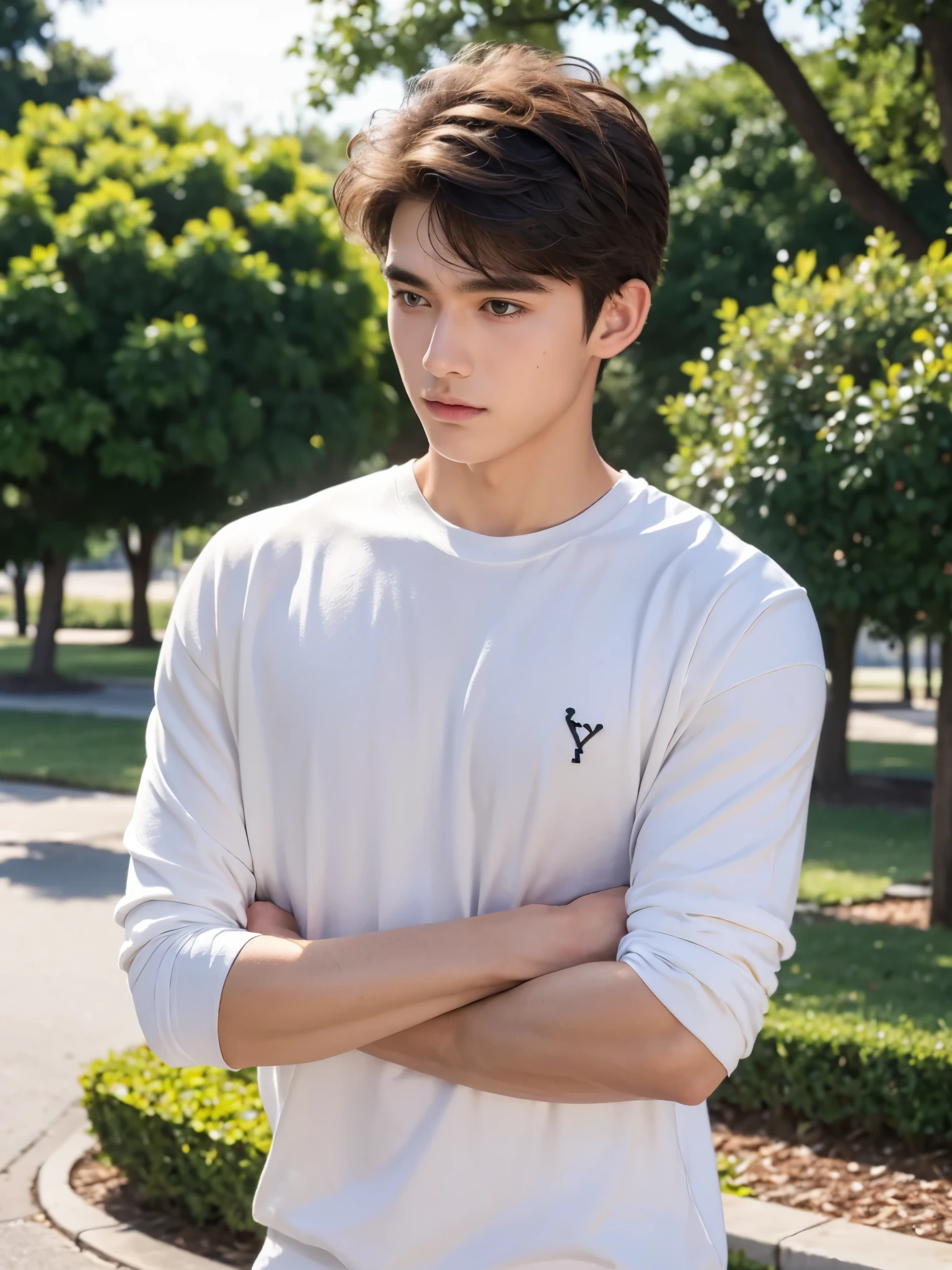 boy, 17 y.o, handsome, semi-caucasian face, comma hair, city park