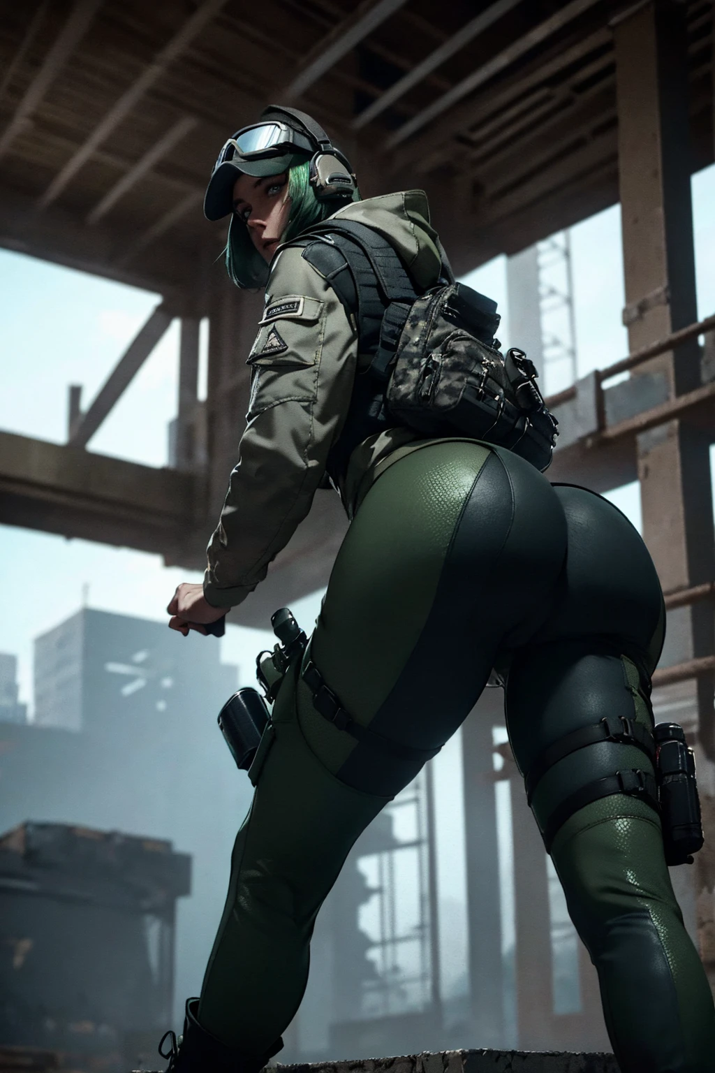 8k portrait of ela (rainbow six siege)
, camouflage, solo, green hair, backpack, boots, hat, goggles, goggles on headwear, pants, looking at viewer, jacket, hood, bag, short hair, headset, blue eyes, camouflage jacket, gloves, holster, hood down, thigh holster, radio antenna, military, headphones, leggingull body)), piercing eyes, looking at the viewer, dynamic pose, ((thighig tits:1.0), looking back, (huge ass:1.4)
, best quality, (photo-realistic:1.2), looking at the viewer, film grain, construction site scene, construction site background, debris, low angle
, dark scene, rim lighting, two tone lighting, dimly lit, low key hdr,