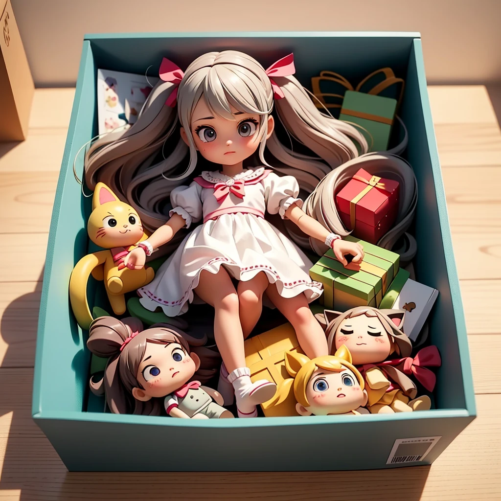 toy, doll, character print, (best quality:1.15), (masterpiece:1.15), (detailed:1.15), (realistic:1.2), (intricate:1.4), cute doll in box fetal position, simple background, cover page, card, in a gift box,no humans, inboxDollPlaySetQuiron style, abs, (homura \(dr.stone\):1.2), gift box, playset, in a box, full body, toy playset pack, in a gift box, premium playset toy box, 