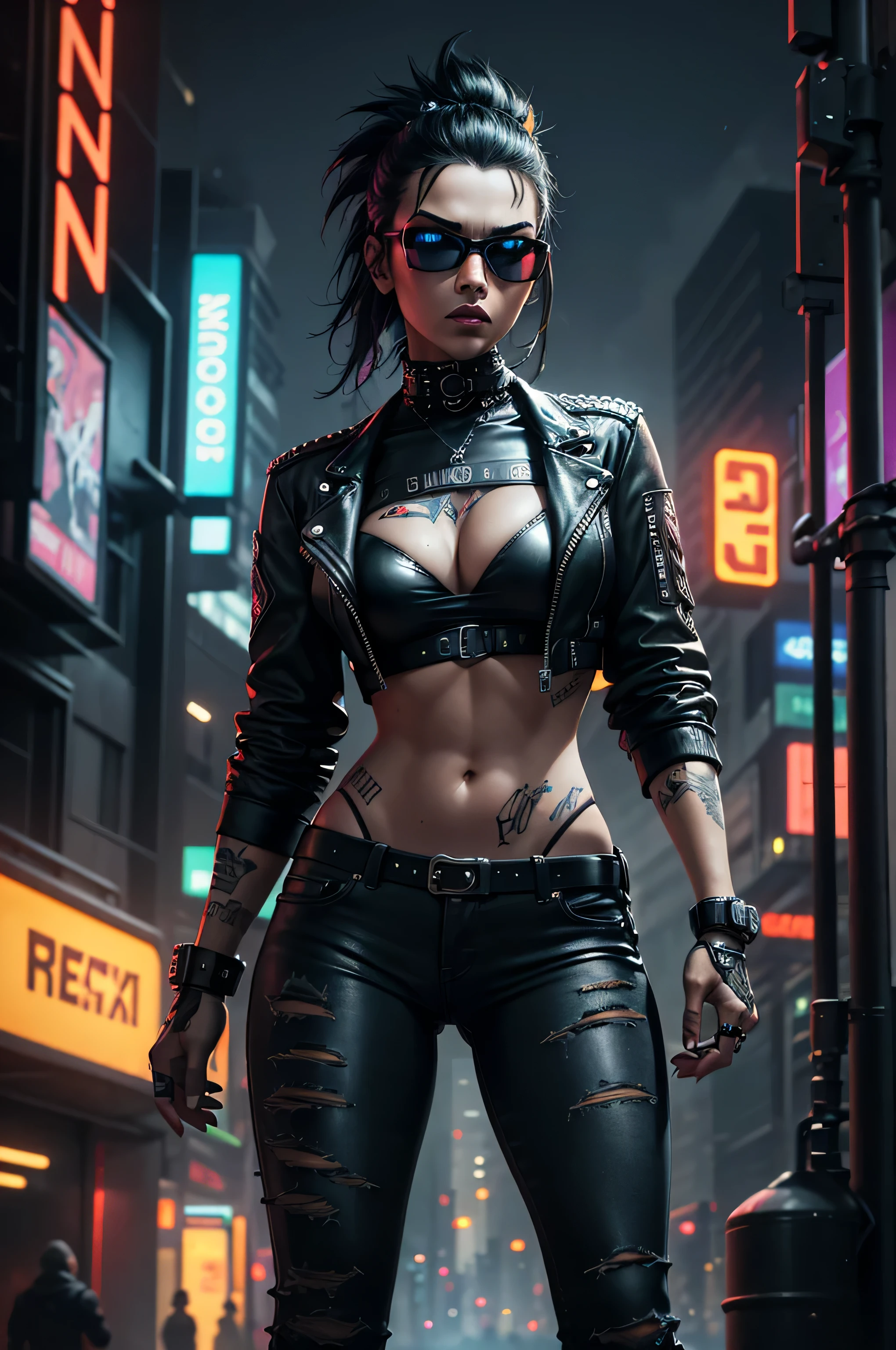 melhor qualidade, ultra-detalhado, profissional, roqueira sexy cyberpunk, Cabelos amarelos e pretos, fishnet top and camouflage bikini, tight dark jeans, cores vivas, sharp focus, Retratos, maquiagem punk, fundo futurista, luzes de neon, smoke effects, jaqueta de couro, salto alto, confident expression, paisagem urbana, estilo ousado, Dynamic Posture, urban backdrop, energetic atmosphere, texturas arenosas, cyber enhancements, tatuagens brilhantes, olhar intenso, Electric guitar, atitude rebelde, Escuro e mal-humorado, ruas iluminadas por neon, stylish sunglasses, metal accessories, Estilo de arte digital, Bold and dramatic, dystopian vibrations, powerful presence, feroz e sexy, moda urbana, Energy lighting.