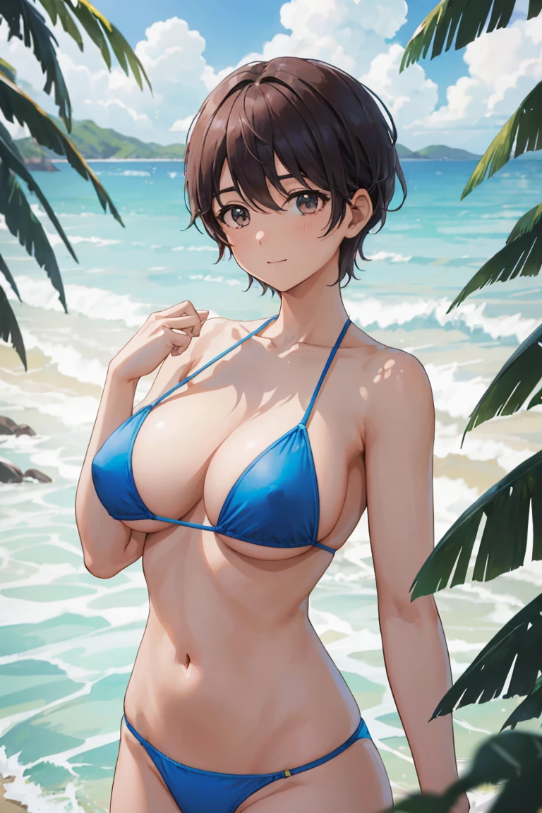 Joven bautiful,Con cuerpo perfecto y hermosos ojos grandes., Cuerpo perfectamente delgado y grueso., Cabello corto y ondulado, banda para el pelo, Micro bikini estampado delicado, Jugar en la playa, isla tropical, feliz, sonriendo suavemente, abierto, es la cara perfecta, tonos apagados, Atmospheric, Lineas limpias, intrincado, El ultra-detallado, Realista, 8k
