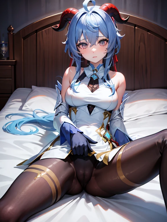 1 girl, Clean eyes, very wide eyed, pretty face, permanent , Very posture, very young, Blue ponytail long hair, red goat horns,permanent,lying on bed,graceful figures,spread legs,thin very long legs,lying on bed,spread legs,Shy face