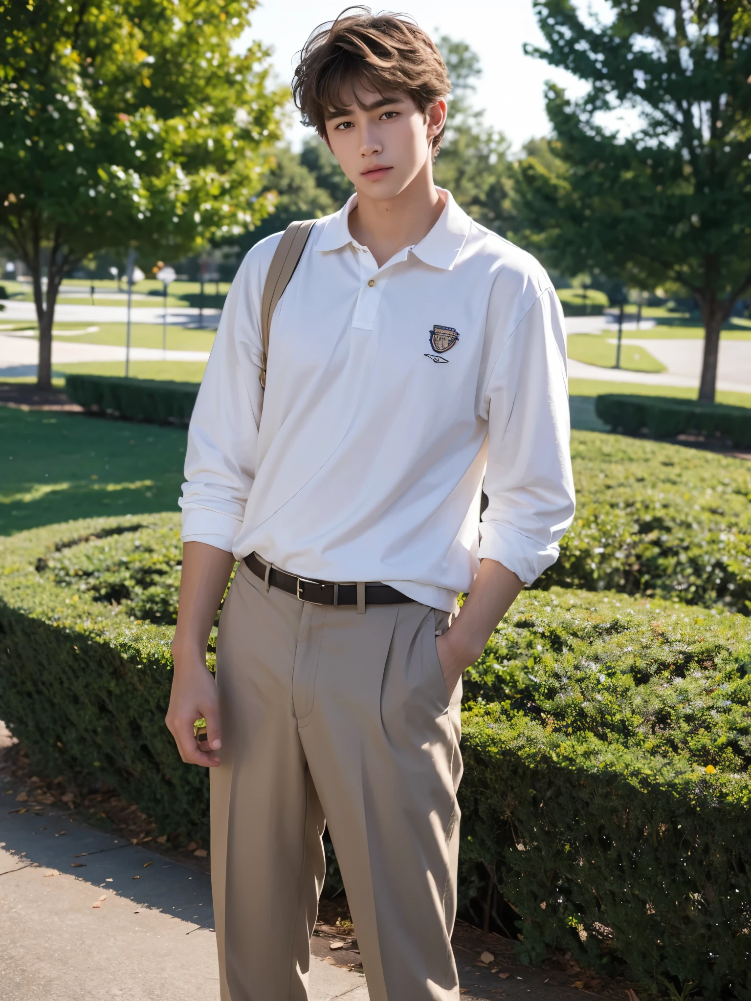 boy,  y.o, handsome, semi-caucasian face, comma hair, city park