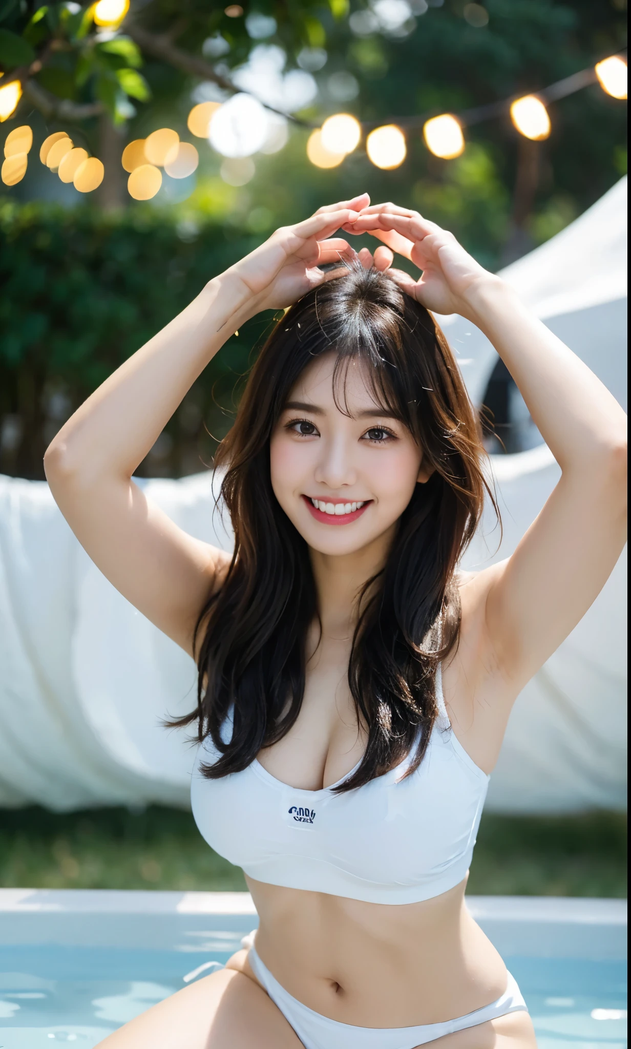 Best Quality, Photorealistic, 8K, hight resolution, 1girl in, Woman, (Skindentation), (Professional Lighting), (Portrait:0.6), (), Gorgeous, (Short black hair:1), (Looking at the camera), ((full body Esbianボディー)), (Looking at the camera), Photorealistic, (Bokeh), (portait:0.6), Gorgeous, (Dynamic Pose:1.2), Strong lighting of the facial area, Lips, (tusk:1.3), Smile,From upper body to thighs,Colossal tits,(shairband:1),white fitness wear,Wet hair,(in gym background:1):full body Esbian,toothy grin, wide smile, glistening teeth
