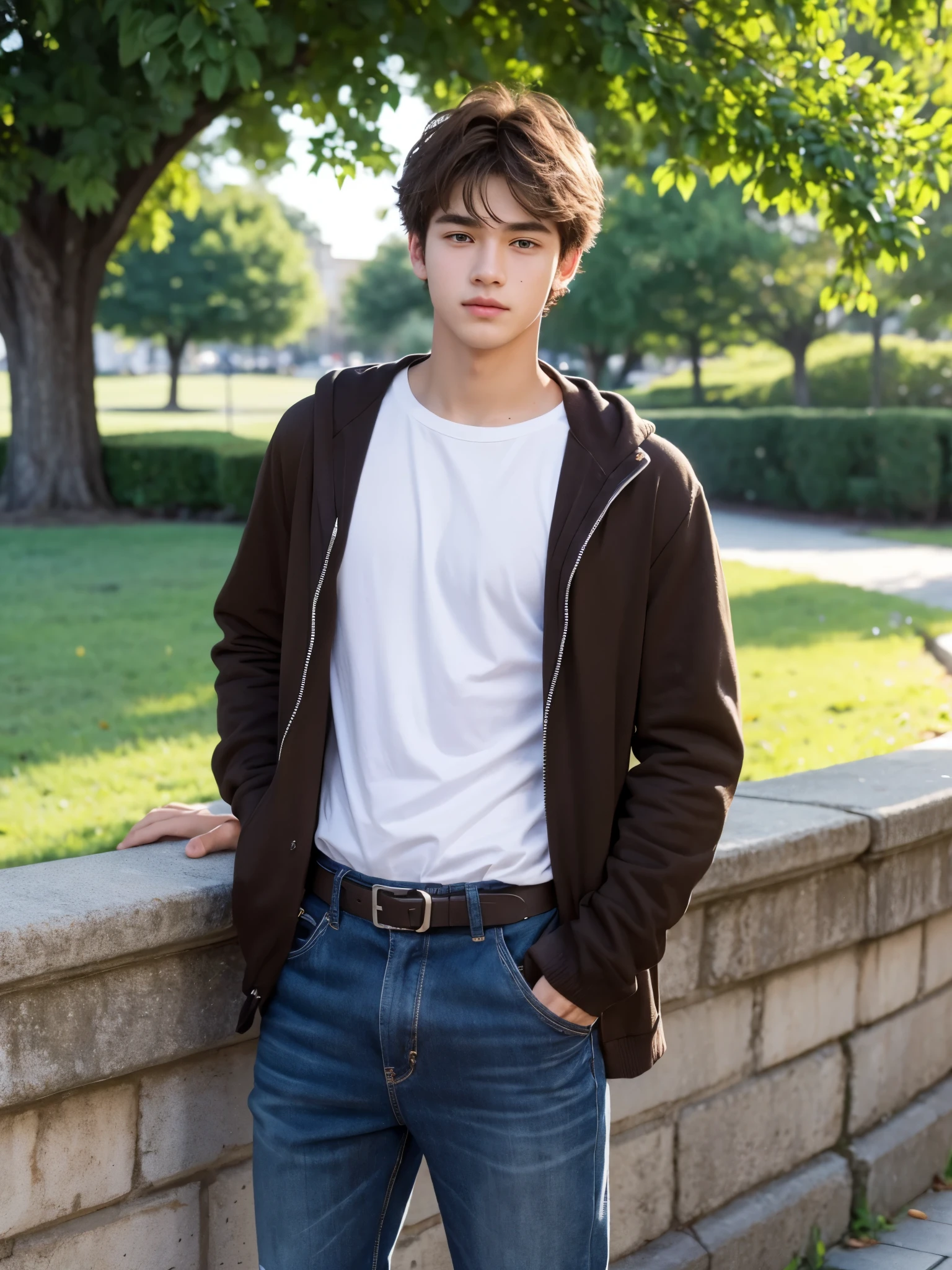 boy, 17 y.o, handsome, semi-caucasian face, comma hair, city park