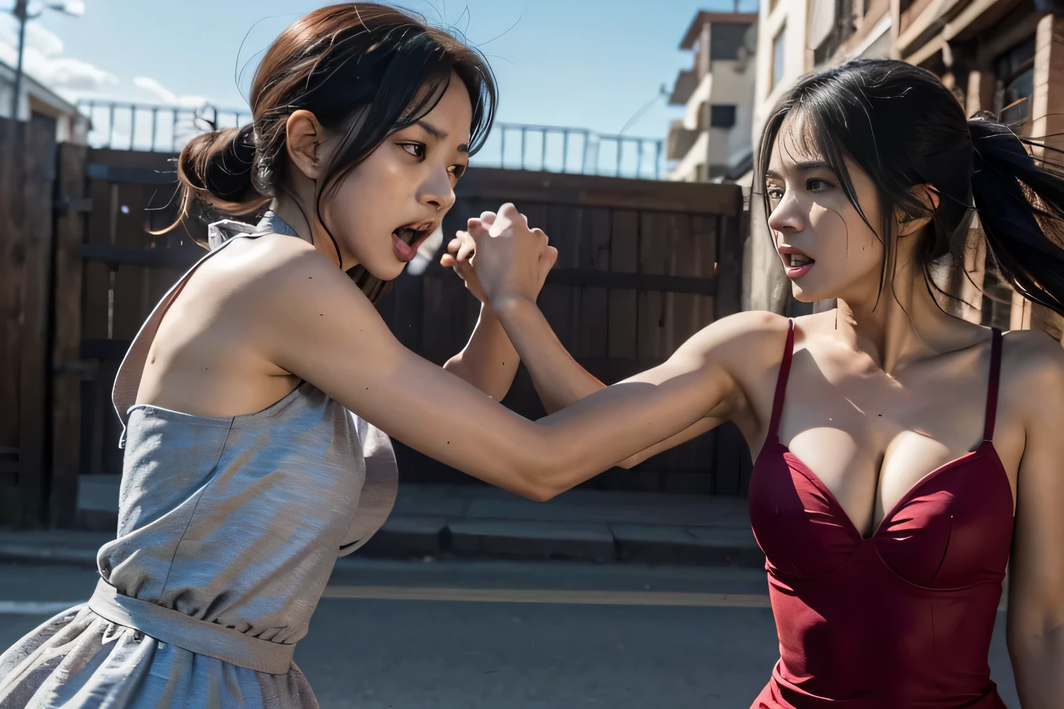 Brawl between two angry women in stylish dresses under the morning sun