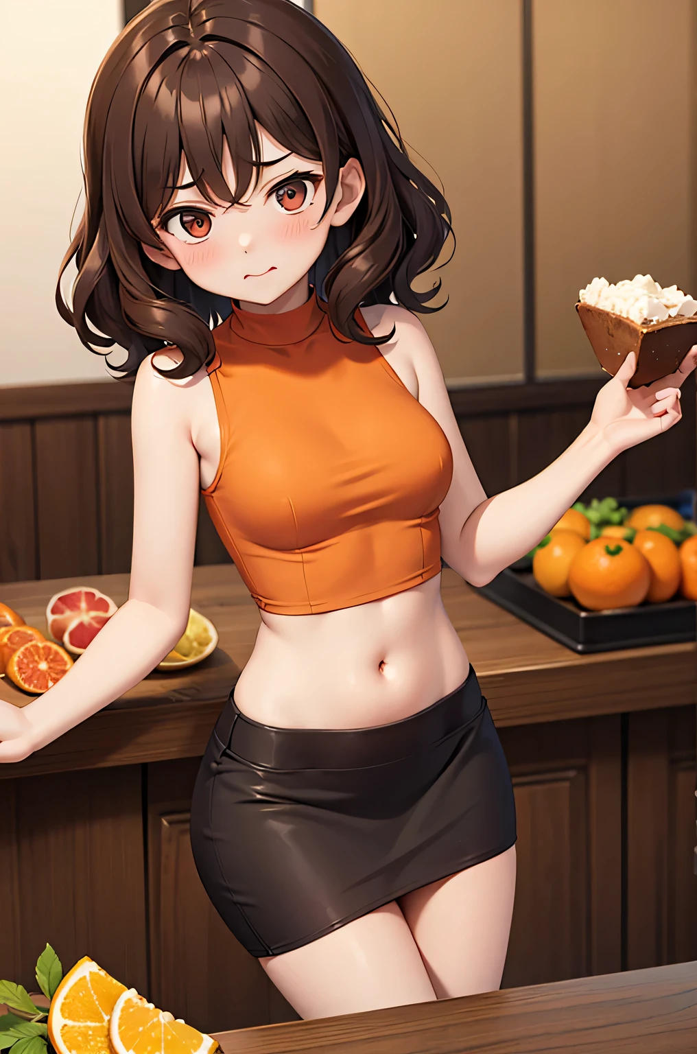 curly hair, medium hair,1 girl, solo, small breasts, tummy, orange shirt, plain shirt, high neck, sleeveless, buffet, food, dark brown skirt, pencilskirt, blush, annoyed, looking down, bellybutton, food on table, large navel, dark brown hair, milf

