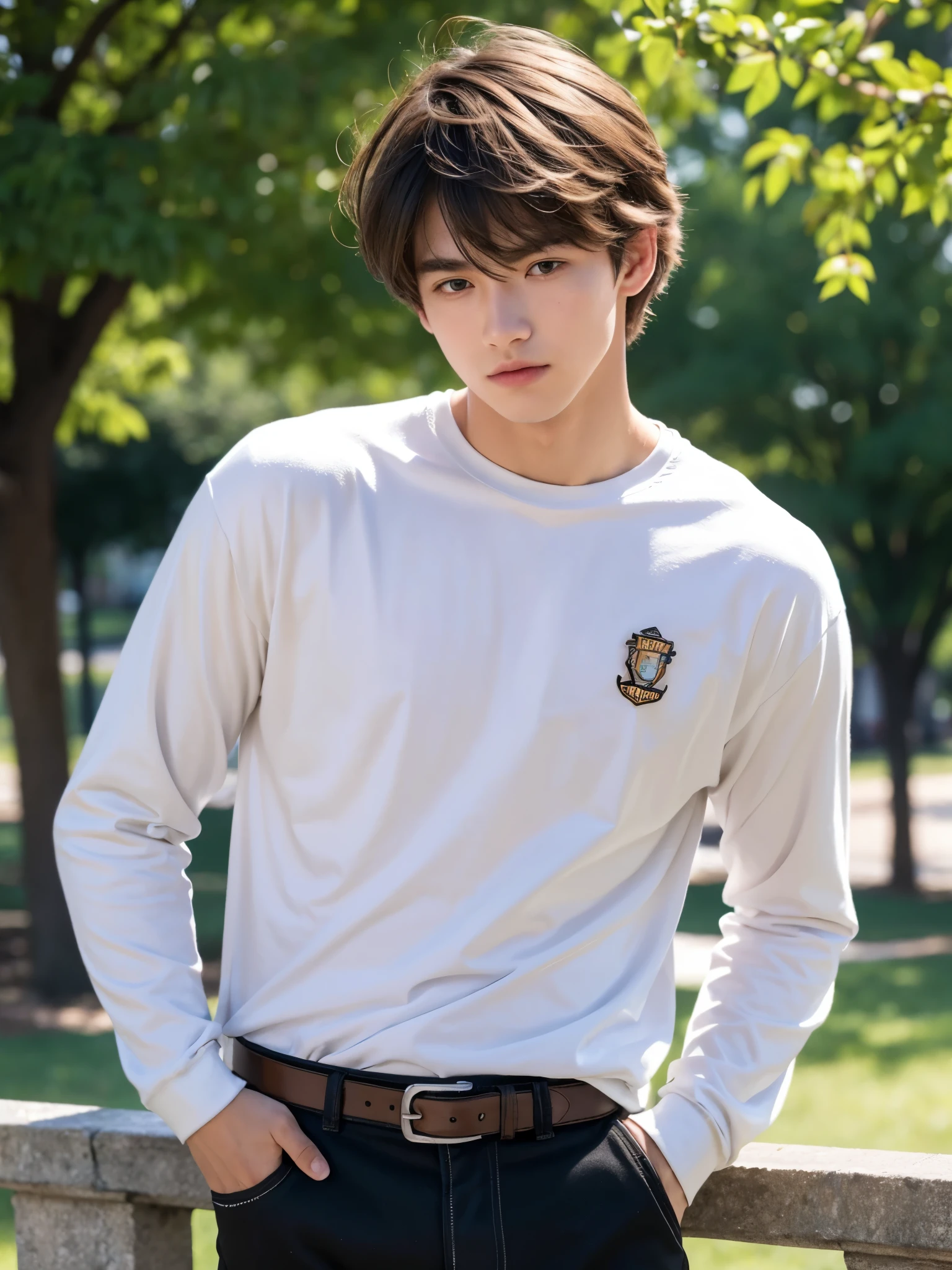 boy, 17 y.o, handsome, semi-caucasian face, comma hair, city park