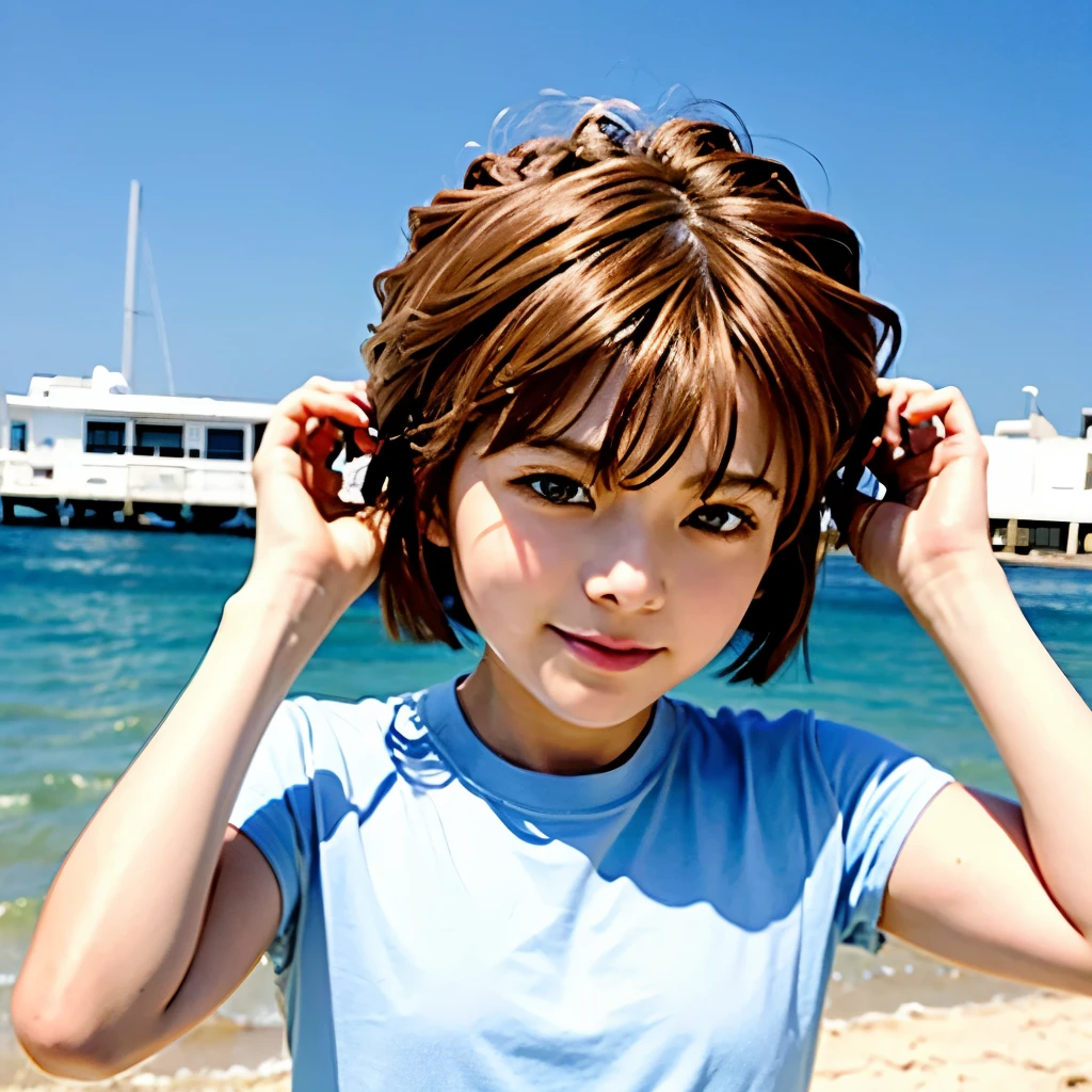 1 girl, miyano shiho style, short hair, brown hair, blue eyes, white shirt, in beach