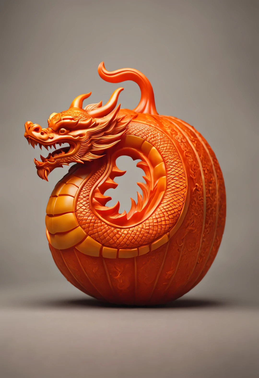 (南瓜和龙雕刻装饰品的close up），Pumpkin color，Chinese dragons are usually sinuous，Wrap the whole pumpkin around the pumpkin，well laid out，龙head龙尾雕刻精美，detailed meticulous.，Carved with majestic dragon horns, eyes and open mouth。Dragon&#39;s Smooth Curves&#39;The tail echoes the dragon&#39;head。Each scale must be the same size，and closely connected，dragon limb、dragon beard、Delicate carvings of dragon fins and other parts，Strengthen dragon&#39;Full of energy and vitality,
 close up, rotating, RococoStyle, classicism, chiaroscuro, depth of field, ultra high definition, masterpiece, precise, Super details, high detail, high quality, Award-winning, best quality, high resolution, 16k，