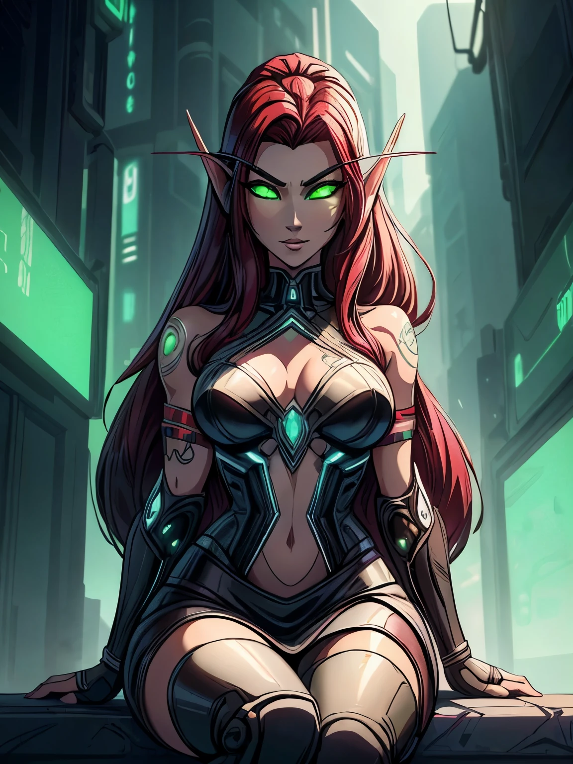 ((ultra quality)), ((masterpiece)), blood elf girl, world of warcraft, cyberpunk style, ((red long hair neon)), (neon studs in ears), (body tattoos), (beautiful cute face), (beautiful female lips), charming, ((sexy facial expression)), looks at the camera, eyes slightly open, (skin color white), (White skin), glare on the body, ((detailed beautiful female eyes)), ((green neon eyes)), (juicy female lips), (black eyeliner), (beautiful female hands), ((ideal female figure)), ideal female body, beautiful waist, gorgeous thighs, (()), beautiful medium breasts, ((subtle and beautiful)), seductively sits (close up of face), (cyberpunk clothing neon green) background: future city red neon cyberpunk, ((depth of field)), ((high quality clear image)), (clear details), ((high detail)), realistically, professional photo session, ((Clear Focus)), anime