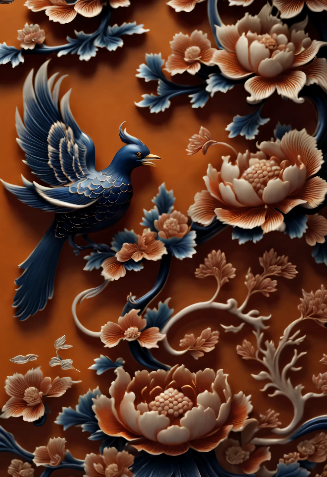 (南瓜雕刻装饰品close up, Phoenix and Peony），Chinese flower and bird landscape，Pavilion on the ground，16k，orange，console， and honest，Super complex craftsmanship and details，With auspicious patternlowers、Various decorative themes such as bird pressure yearning for happiness, longevity and wealth、Wish you good luck and peace，Exquisite and complex content，embody magnificence， close up, rotating, RococoStyle, classicism, chiaroscuro, depth of field, ultra high definition, masterpiece, precise, Super details, high detail, high quality, Award-winning, best quality, high resolution, 16k，