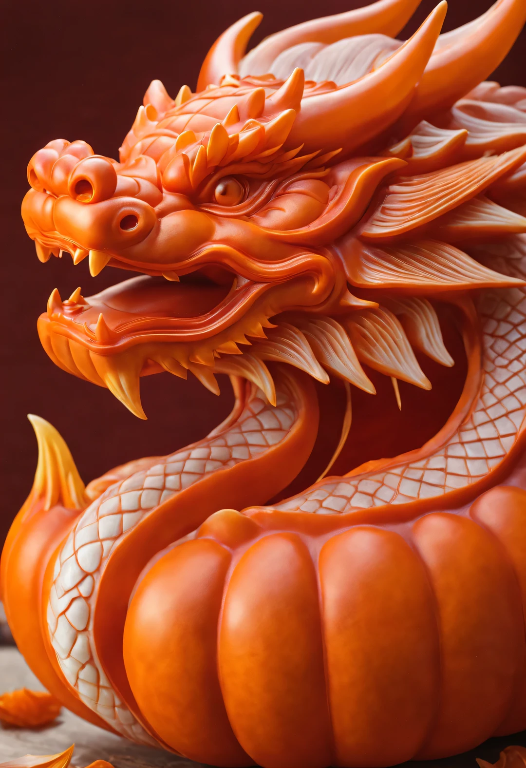 (南瓜和龙雕刻装饰品的close up），Pumpkin color，Chinese dragons are usually sinuous，Wrap the whole pumpkin around the pumpkin，well laid out，龙head龙尾雕刻精美，detailed meticulous.，Carved with majestic dragon horns, eyes and open mouth。Dragon&#39;s Smooth Curves&#39;The tail echoes the dragon&#39;head。Each scale must be the same size，and closely connected，dragon limb、dragon beard、Delicate carvings of dragon fins and other parts，Strengthen dragon&#39;Full of energy and vitality,
 close up, rotating, RococoStyle, classicism, chiaroscuro, depth of field, ultra high definition, masterpiece, precise, Super details, high detail, high quality, Award-winning, best quality, high resolution, 16k，