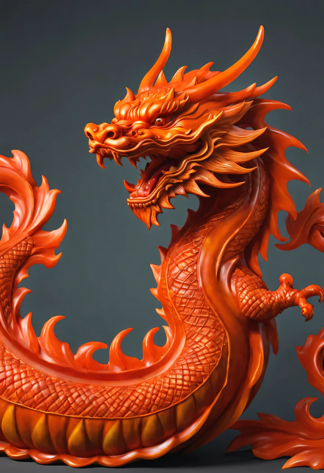 (南瓜和龙雕刻装饰品的close up），Pumpkin color，Chinese dragons are usually sinuous，Wrap the whole pumpkin around the pumpkin，well laid out，龙head龙尾雕刻精美，detailed meticulous.，Carved with majestic dragon horns, eyes and open mouth。Dragon&#39;s Smooth Curves&#39;The tail echoes the dragon&#39;head。Each scale must be the same size，and closely connected，dragon limb、dragon beard、Delicate carvings of dragon fins and other parts，Strengthen dragon&#39;Full of energy and vitality,
 close up, rotating, RococoStyle, classicism, chiaroscuro, depth of field, ultra high definition, masterpiece, precise, Super details, high detail, high quality, Award-winning, best quality, high resolution, 16k，