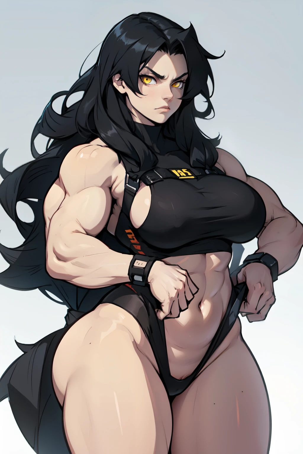 pale girl angry girl muscular girl thick girl breast girl black hair girl yellow eyes girl long straight hair tight tight