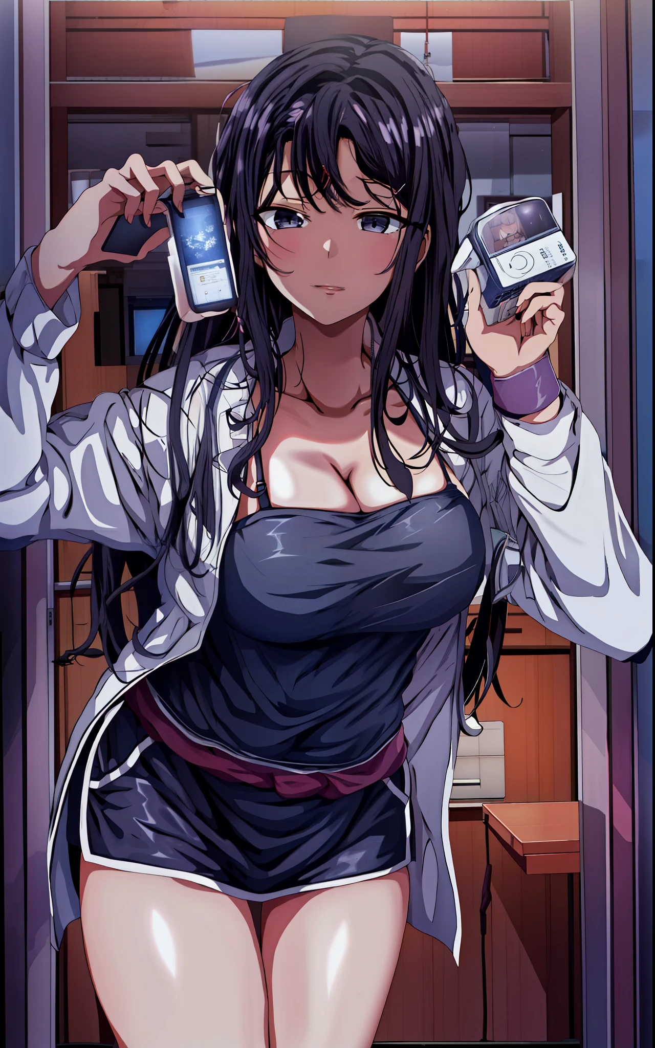 (natta:1.7), jpn, toyko, sickroom, Stand under the gaze,Dim lighting,Cool light, (nurse's outfit:1.3),cleavage, black_Hair,Long_Hair,Hair_Pulled_back