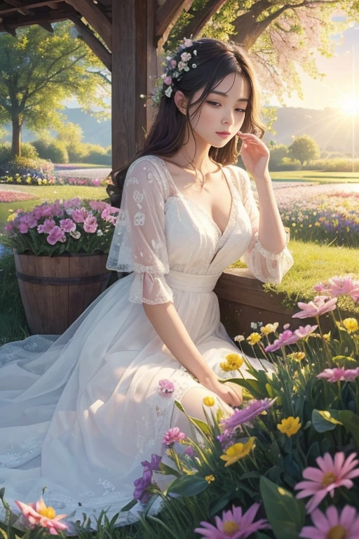 (Masterpiece, Top Quality, Best Quality, Official Art, Beauty and Aesthetics: 1.2), morning sunshine, spring scenery, dew and flowers,