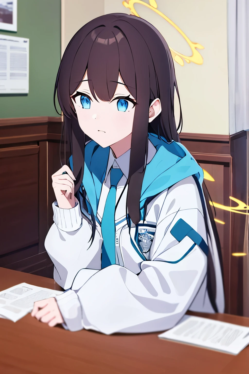 Long dark brown hair,halo,golden eyerown and white hooded windbreaker,no hat,blue tie,school shirt,picture,1 girl,In the room