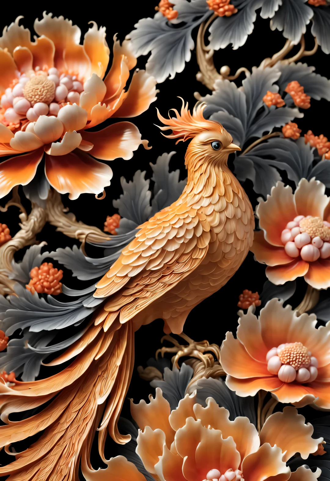 (Close-up of pumpkin carved phoenix and peony ornaments），Chinese flower and bird landscape，Pavilion on the ground，16k，orange，console， and honest，Super complex craftsmanship and details，With auspicious patternlowers、Various decorative themes such as bird pressure yearning for happiness, longevity and wealth、Wish you good luck and peace，Exquisite and complex content，embody magnificence，background：Black solid wood table close-up, rotating, RococoStyle, classicism, chiaroscuro, depth of field, ultra high definition, masterpiece, precise, Super details, high detail, high quality, Award-winning, best quality, high resolution, 16k，