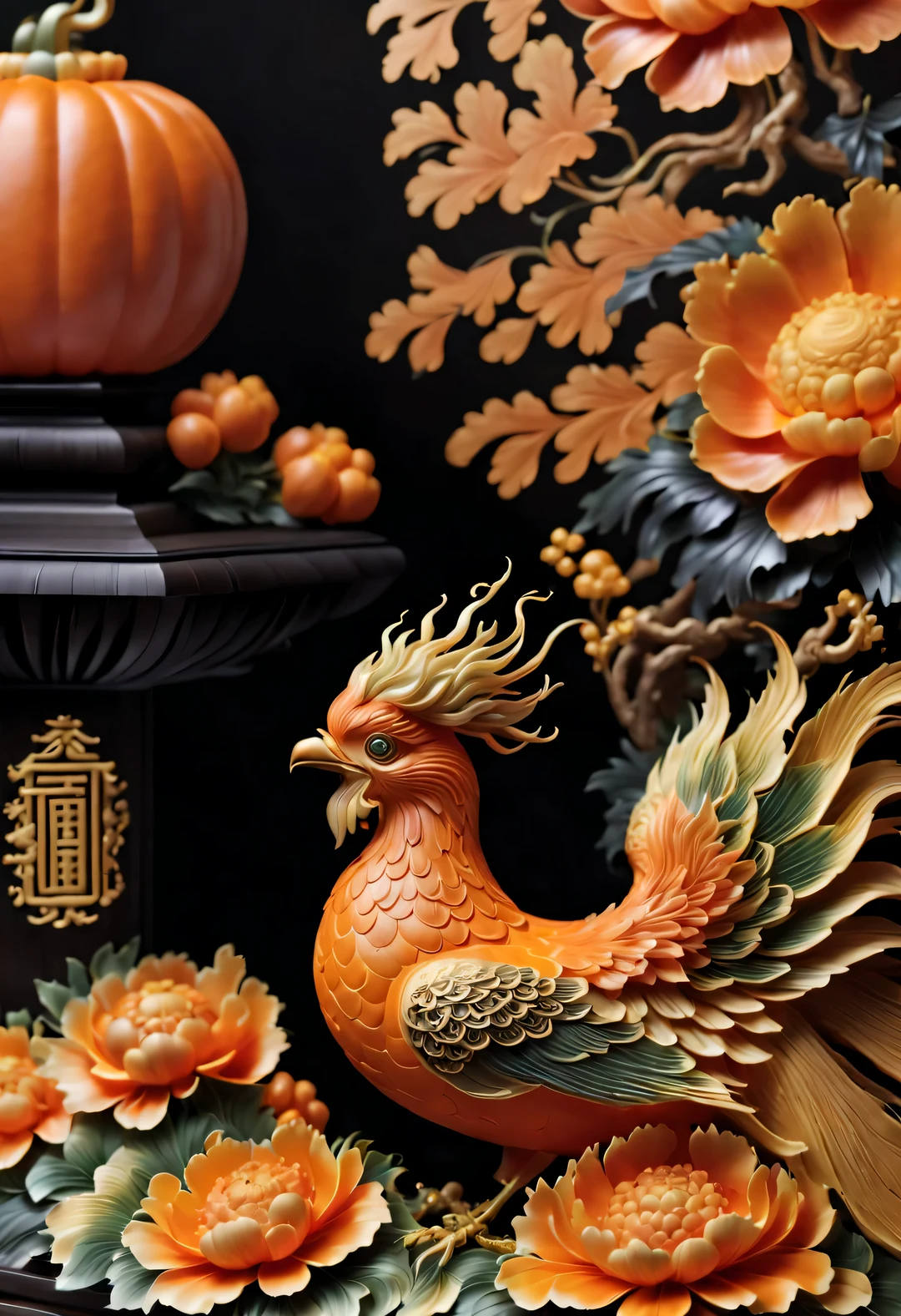 (Close-up of pumpkin carved phoenix and peony ornaments），Chinese flower and bird landscape，Pavilion on the ground，16k，orange，console， and honest，Super complex craftsmanship and details，With auspicious patternlowers、Various decorative themes such as bird pressure yearning for happiness, longevity and wealth、Wish you good luck and peace，Exquisite and complex content，embody magnificence，background：Black solid wood table close-up, rotating, RococoStyle, classicism, chiaroscuro, depth of field, ultra high definition, masterpiece, precise, Super details, high detail, high quality, Award-winning, best quality, high resolution, 16k，