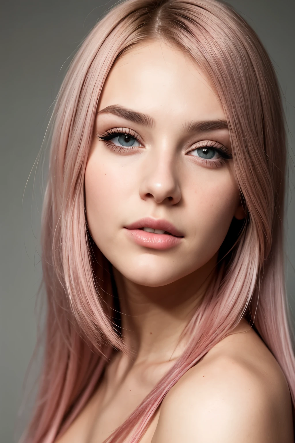 Create the realistic face of a 23-year-old brunette woman, long completely pink hair, gray eyes, photograph