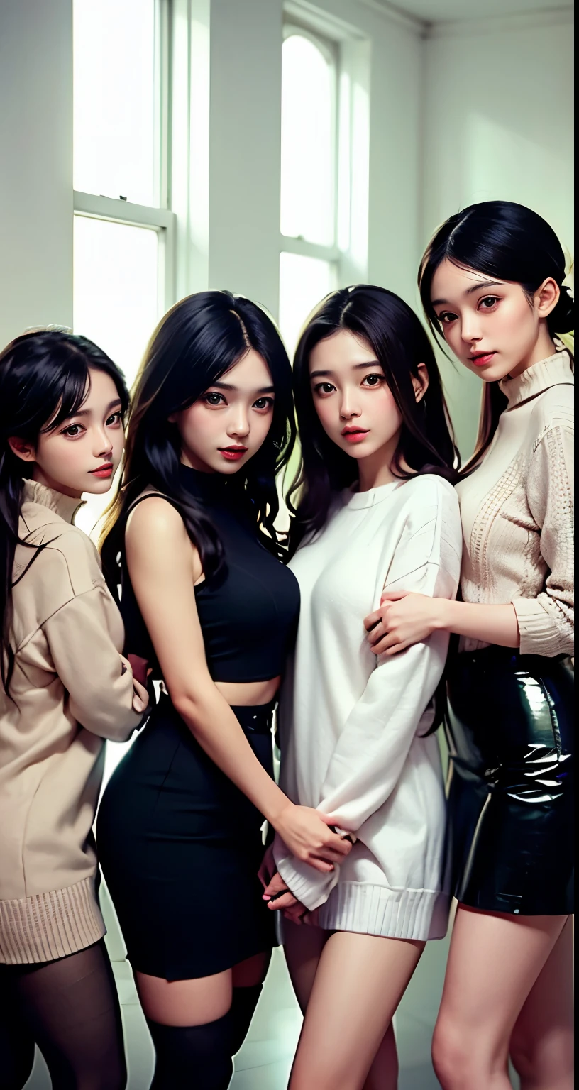 Supermodel、perfect details、beautiful girl、Three girls stare at the screen 3 girls、sweater、stockings
